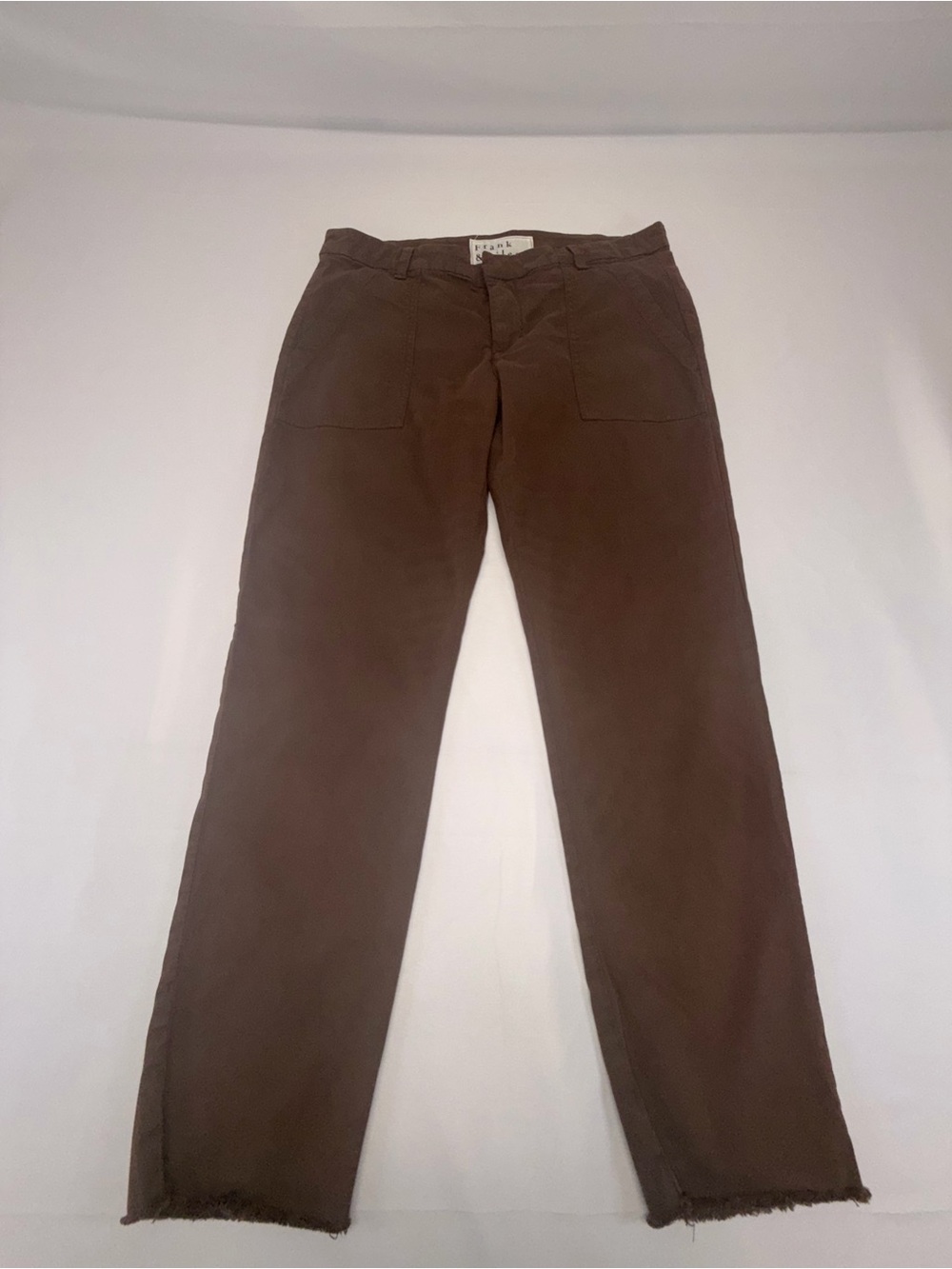 Frank & Eileen Blackrock Utility Pants Womens 10 Brown Raw Hem Made USA